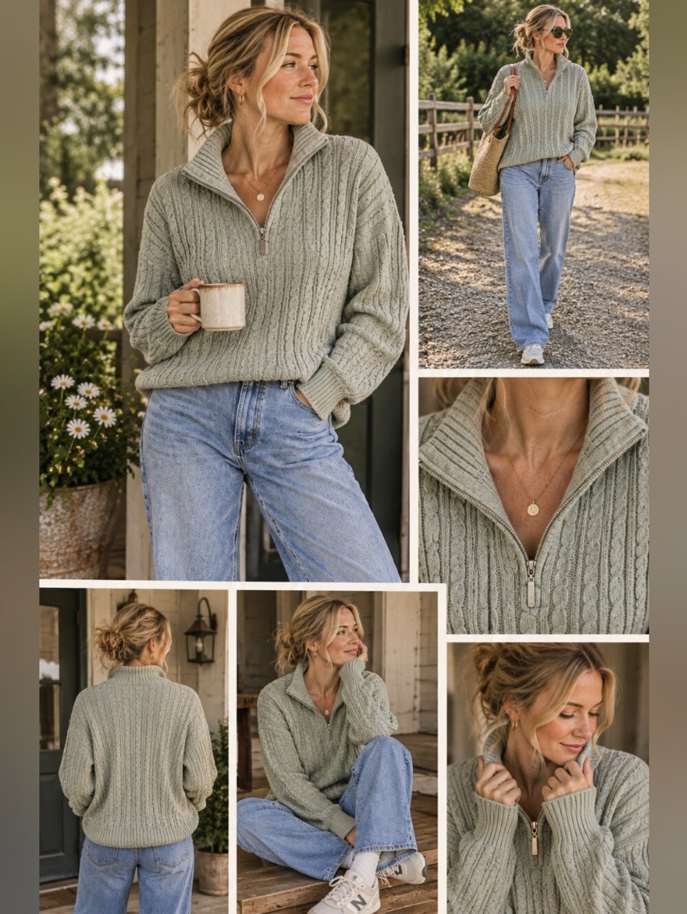Cozy Sage Half-Zip Cable Knit Sweater - Women